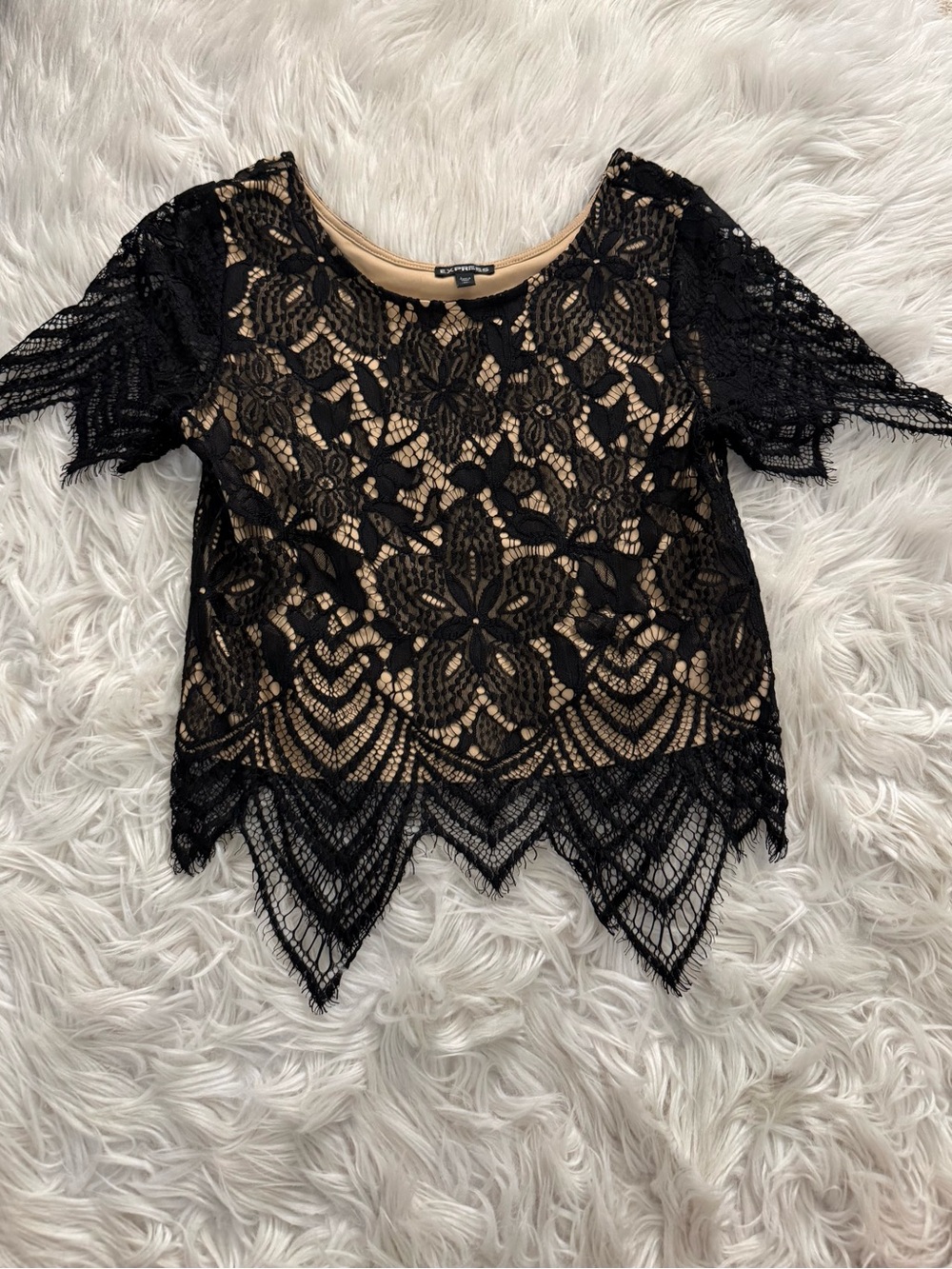 Express Black Lace Short Sleeve Top with Nude Lining